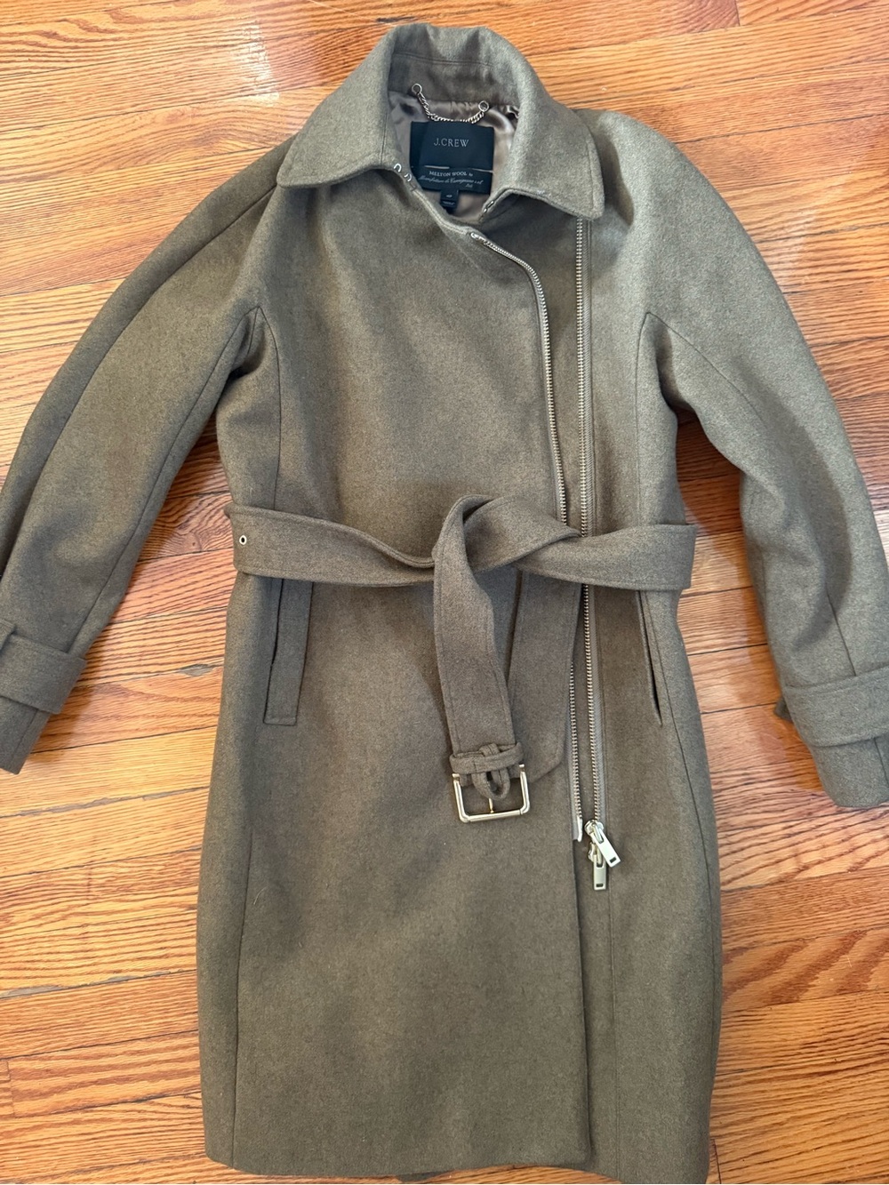 J. Crew Olive Green Wool Belted Trench Coat with Zipper